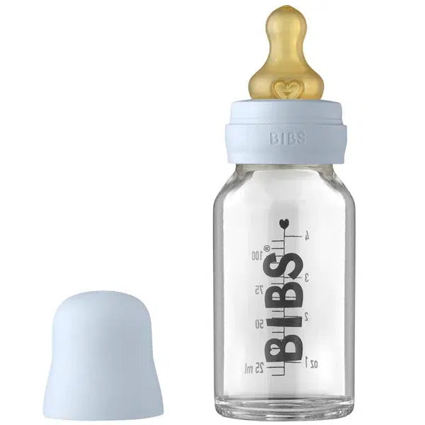 Bibs glas sutteflaske - Latex - 110 ml. - Baby Blue - Flaskebarn - MamaMilla
