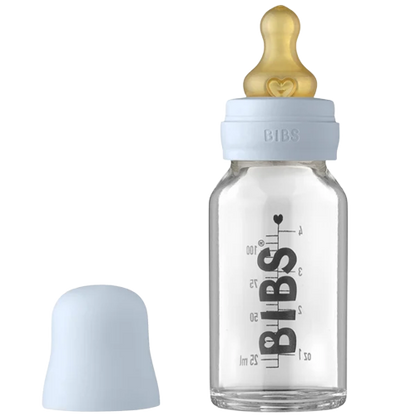 Bibs glas sutteflaske - Latex - 110 ml. - Baby Blue - Flaskebarn - MamaMilla
